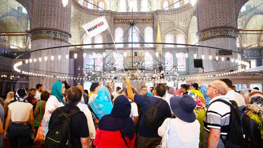 Hagia Sophia & Blue Mosque + Optional Basilica Cistern - Meeting by the Hippodrome: Dsign Cafe, the Turkish and Islamic Arts Museum, and a MegaPass flag